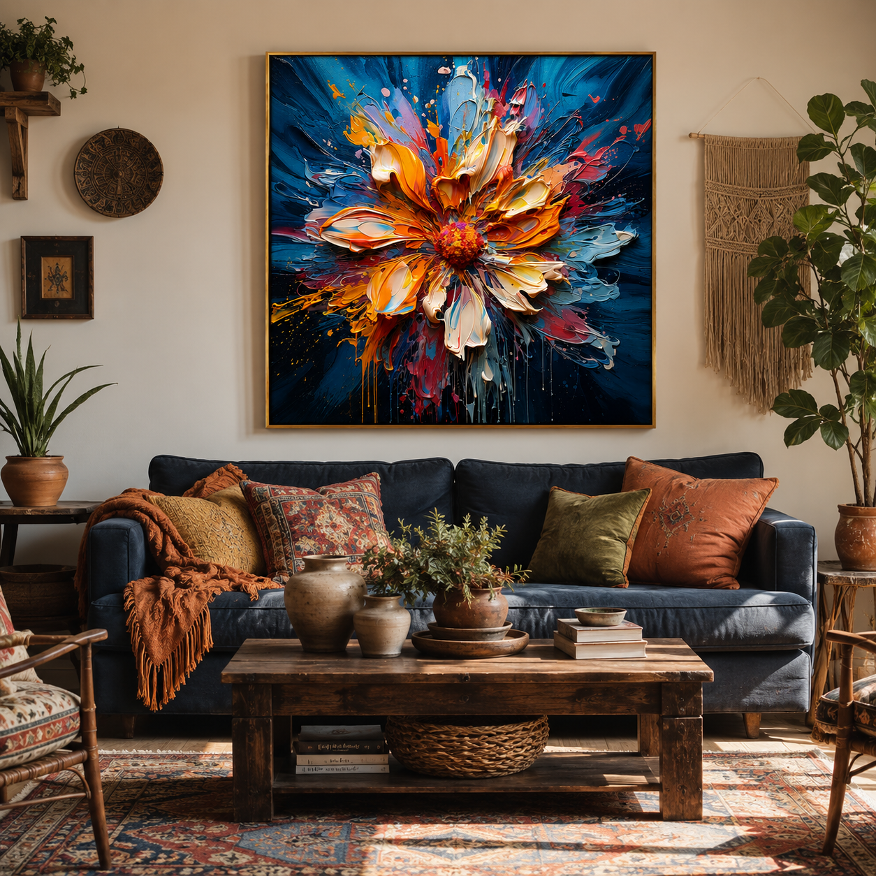 "Radiant Bloom" – Orange Blue Floral Textured Oil Painting