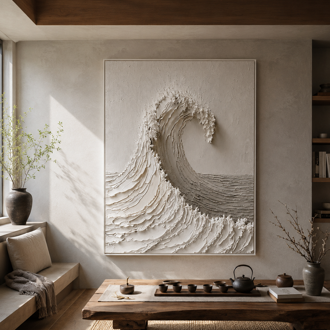 "White Tide Stillness" – Wabi Sabi Wave Textured Oil Painting