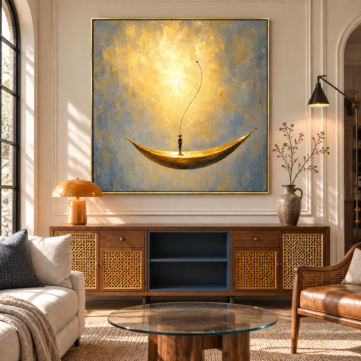 "Voyage of Serenity" – Wabi-Sabi Gold and Grey Abstract Solitary Figure Painting