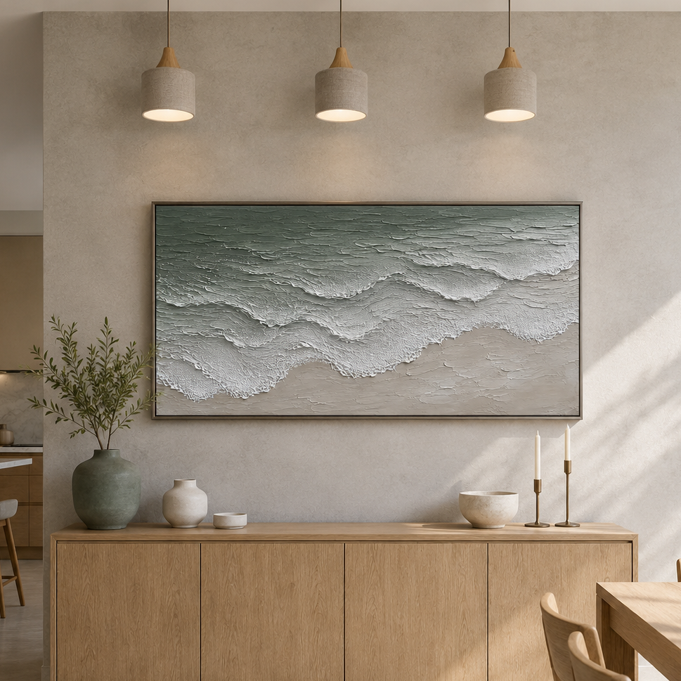 “Tidal Whisper” – Sage Green Coastal Wave Impasto Oil Painting