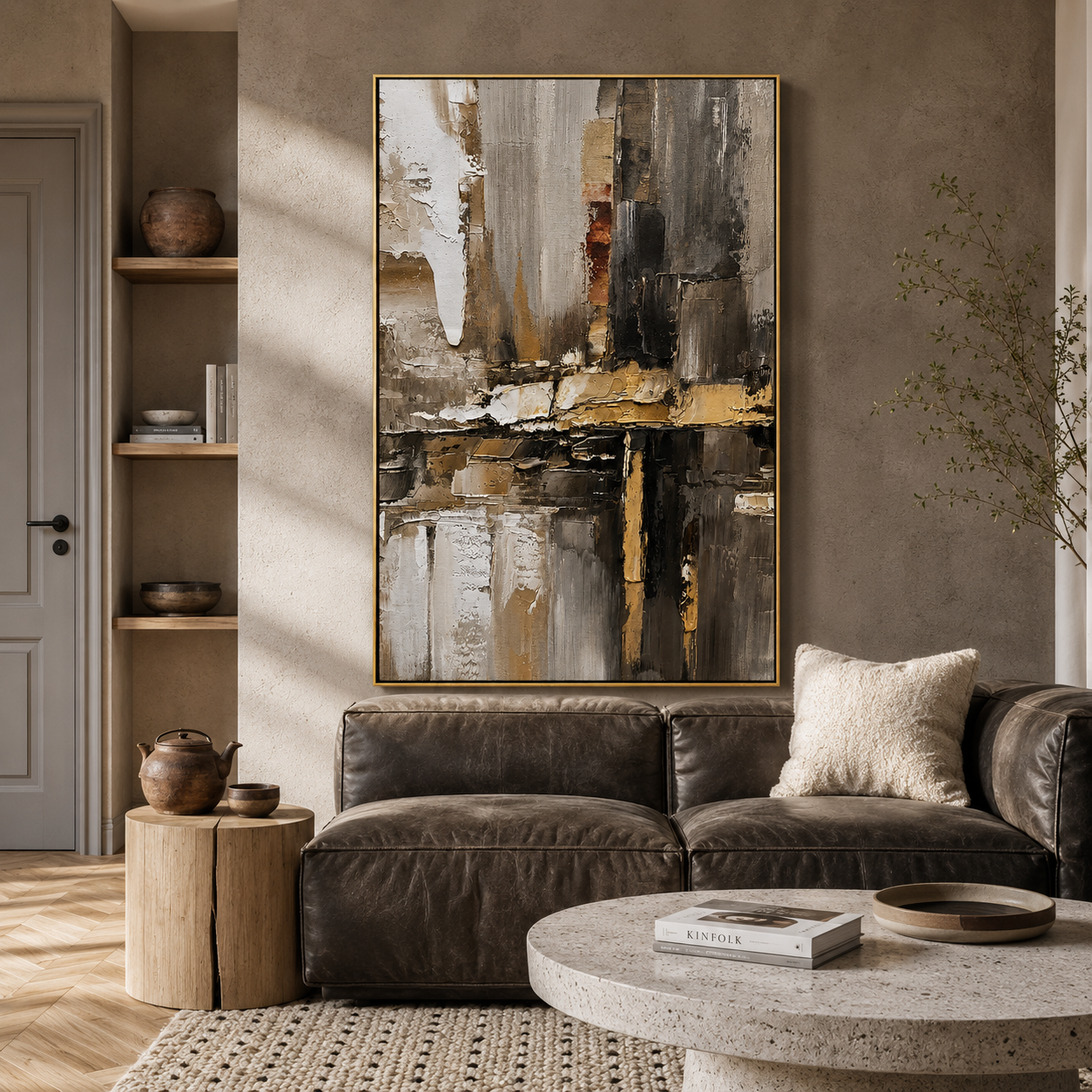 "Urban Relic" – Industrial Black Gold Textured Abstract Painting