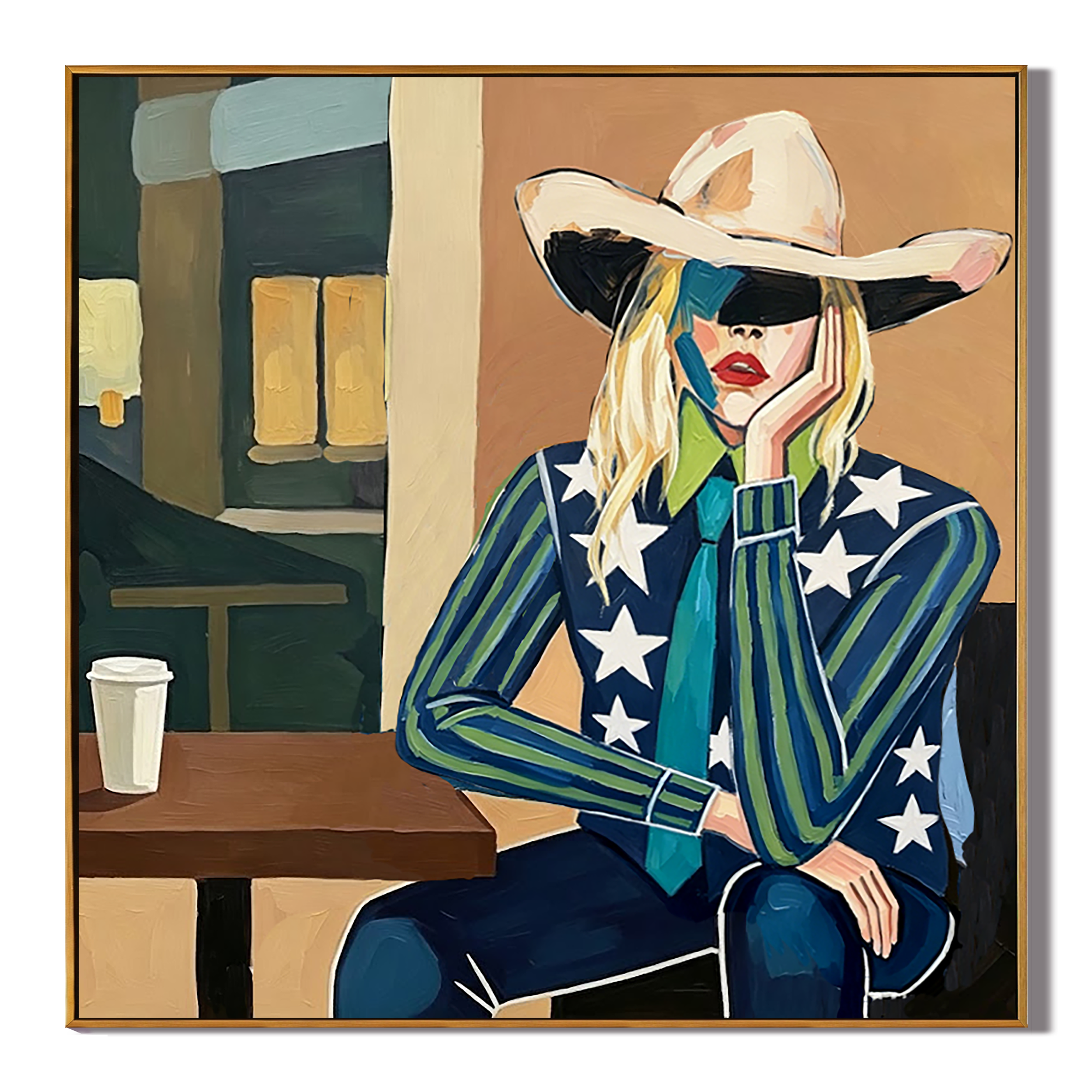 "Urban Cowgirl Muse" – Modern Western Woman Oil Painting in Navy and Teal