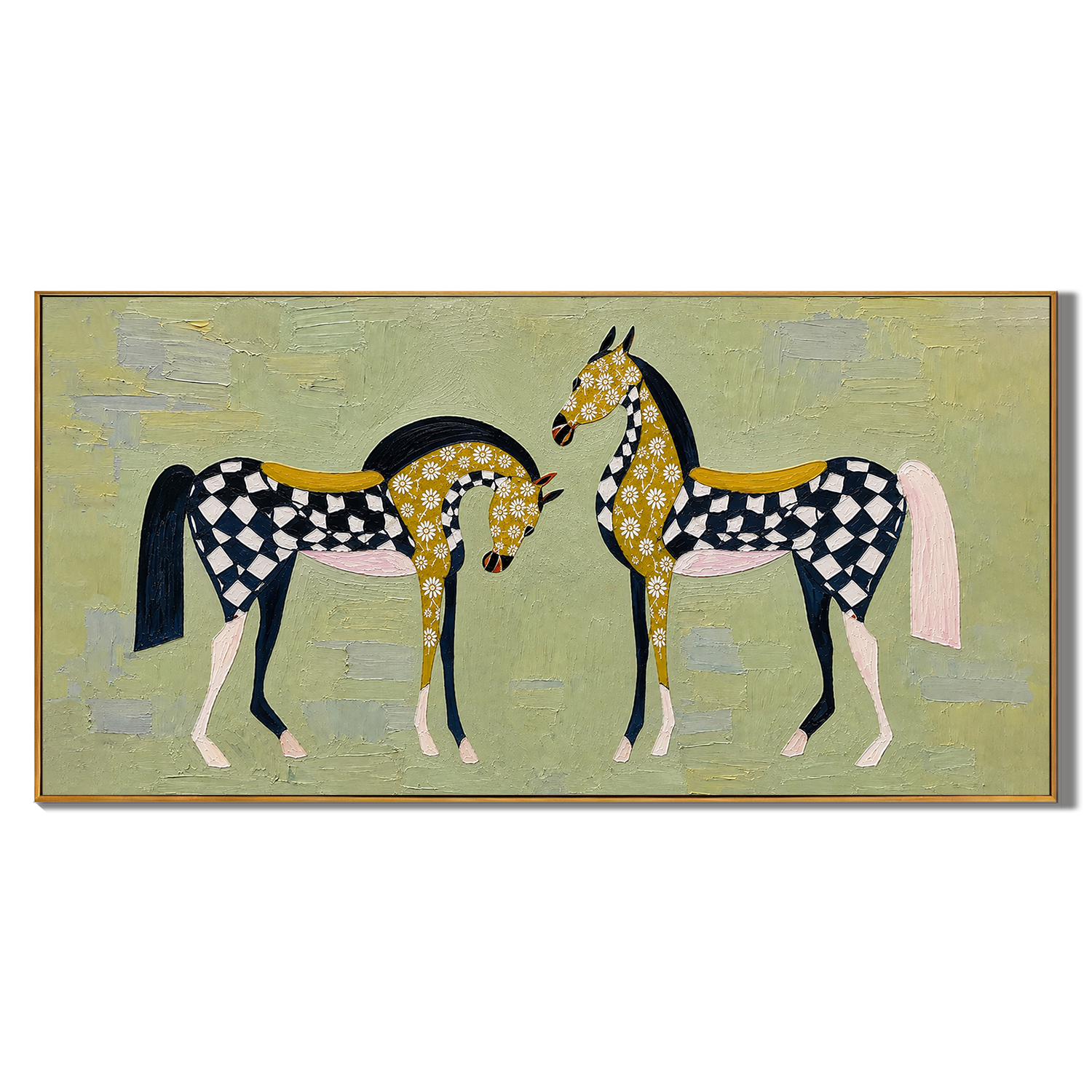 “Checkered Meadow Horses” – Whimsical Folk Horse Impasto Oil Painting