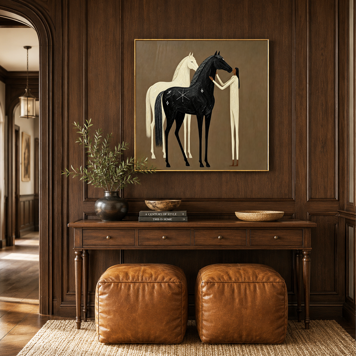 Moonlit Companions â Boho Folk Black and White Horse Oil Painting