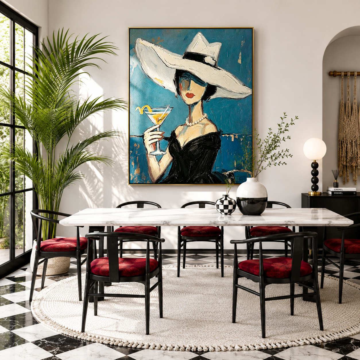 “Midnight Aperitif” – Elegant Lady Portrait Oil Painting in Blue and Black