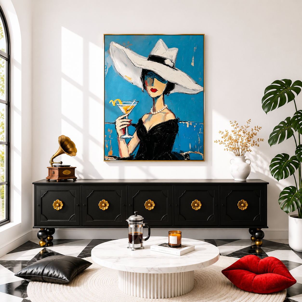 “Midnight Aperitif” – Elegant Lady Portrait Oil Painting in Blue and Black