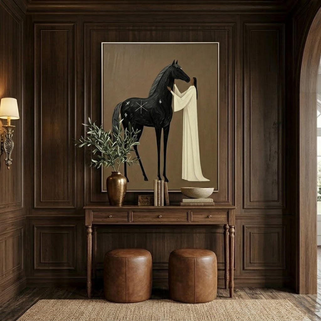 “Midnight Bond” – Mystical Black Horse Folk Art Oil Painting