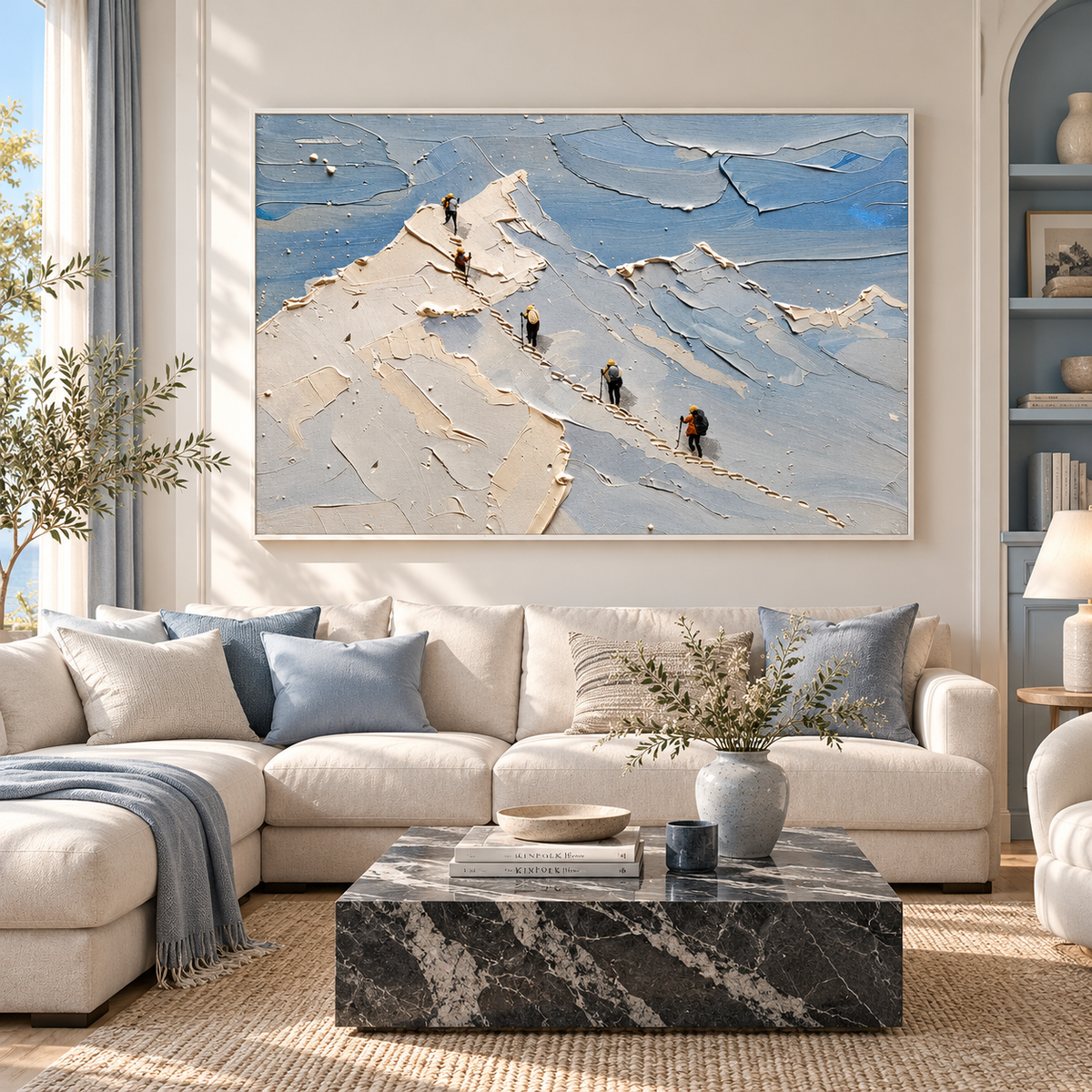 "Ascending Silence" – Adventure Mountaineering Blue & Ivory Textured Palette Knife Painting