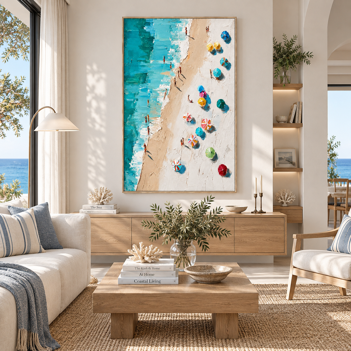 "Azure Haven" – Aerial Beach Parasol Impressionist Textured Oil Painting