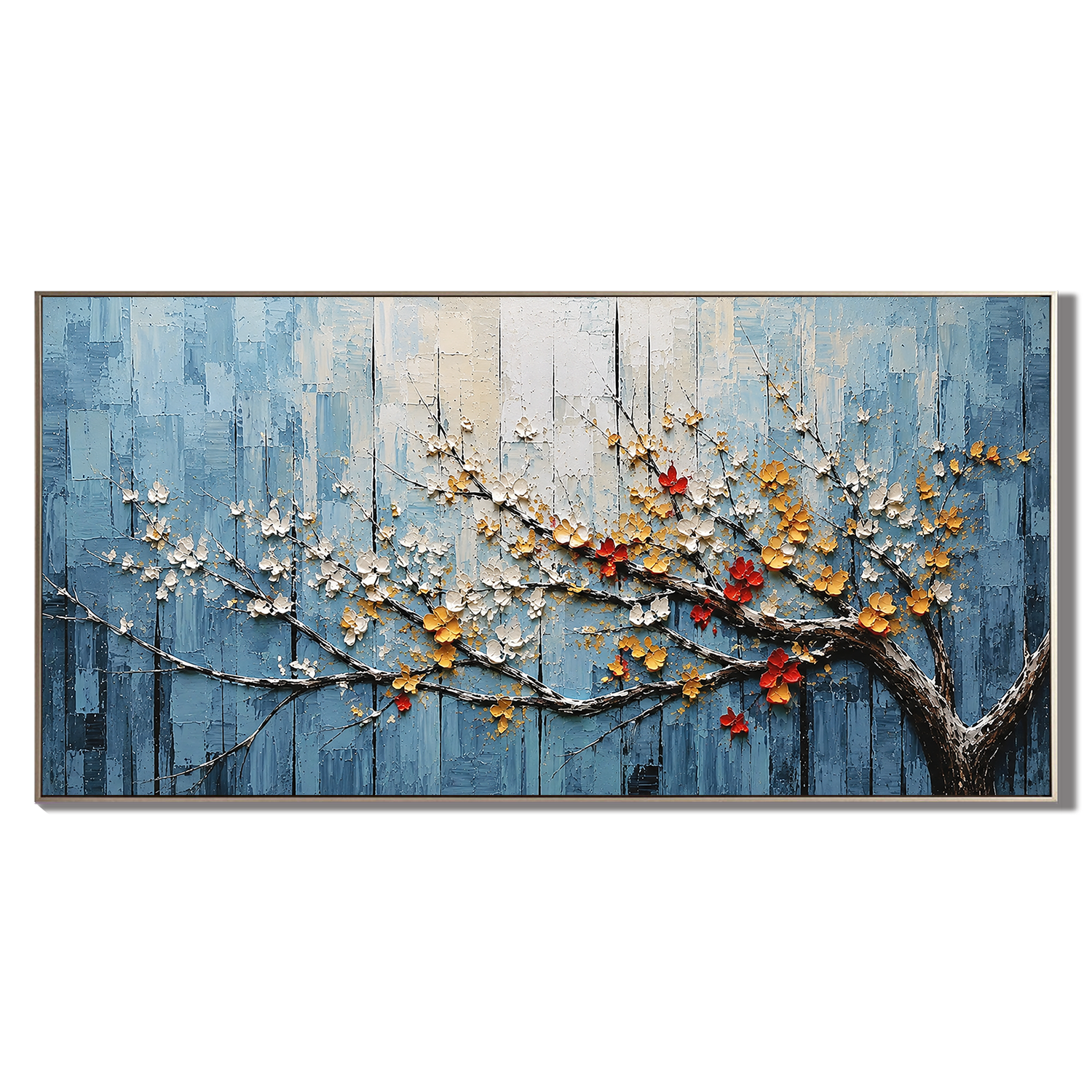 “Blossoms in Blue Silence” – Textured Floral Branch Oil Painting