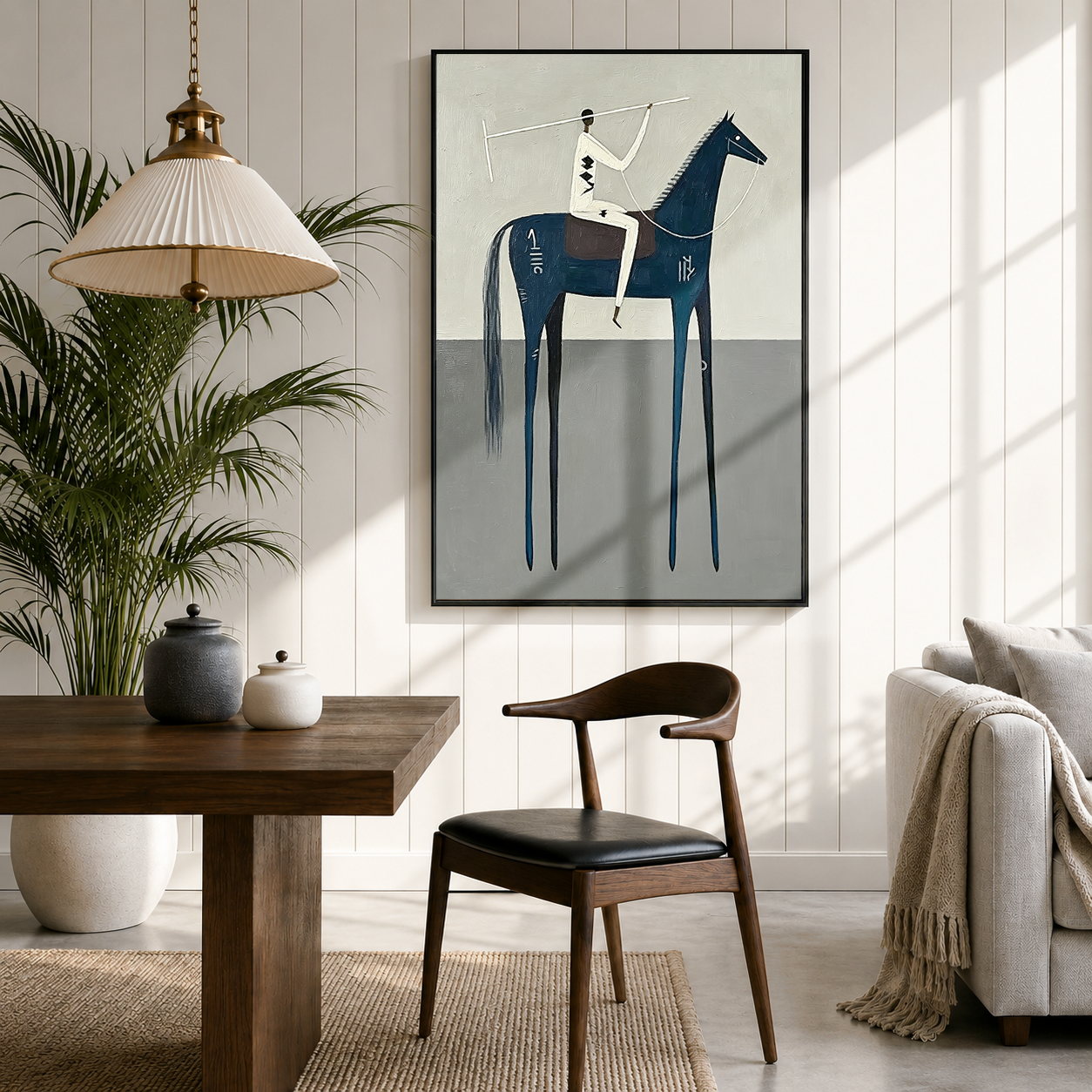 “Blue Frontier Silence” – Minimalist Western Horse Folk Art Oil Painting