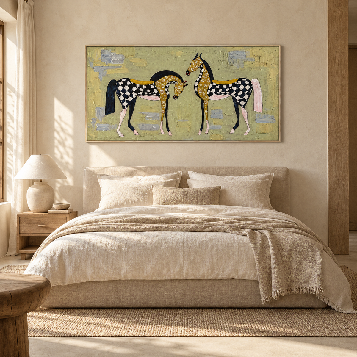 “Checkered Meadow Horses” – Whimsical Folk Horse Impasto Oil Painting
