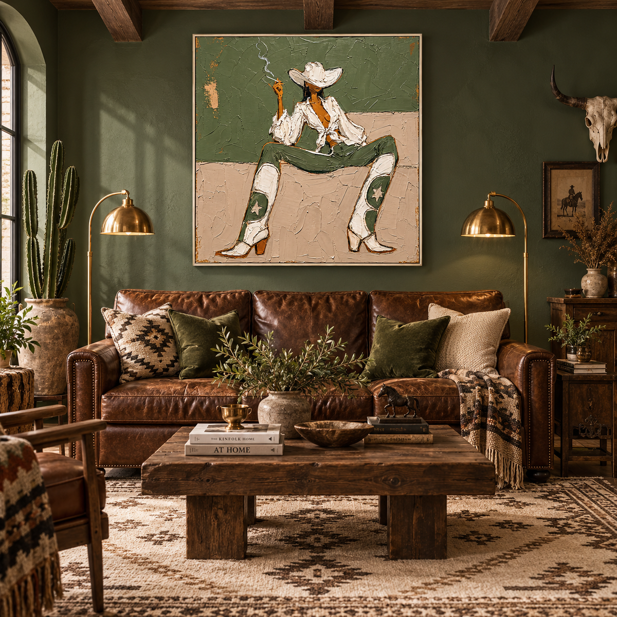 "Desert Rebel" – Sage Green & Beige Textured Cowgirl Impasto Oil Painting