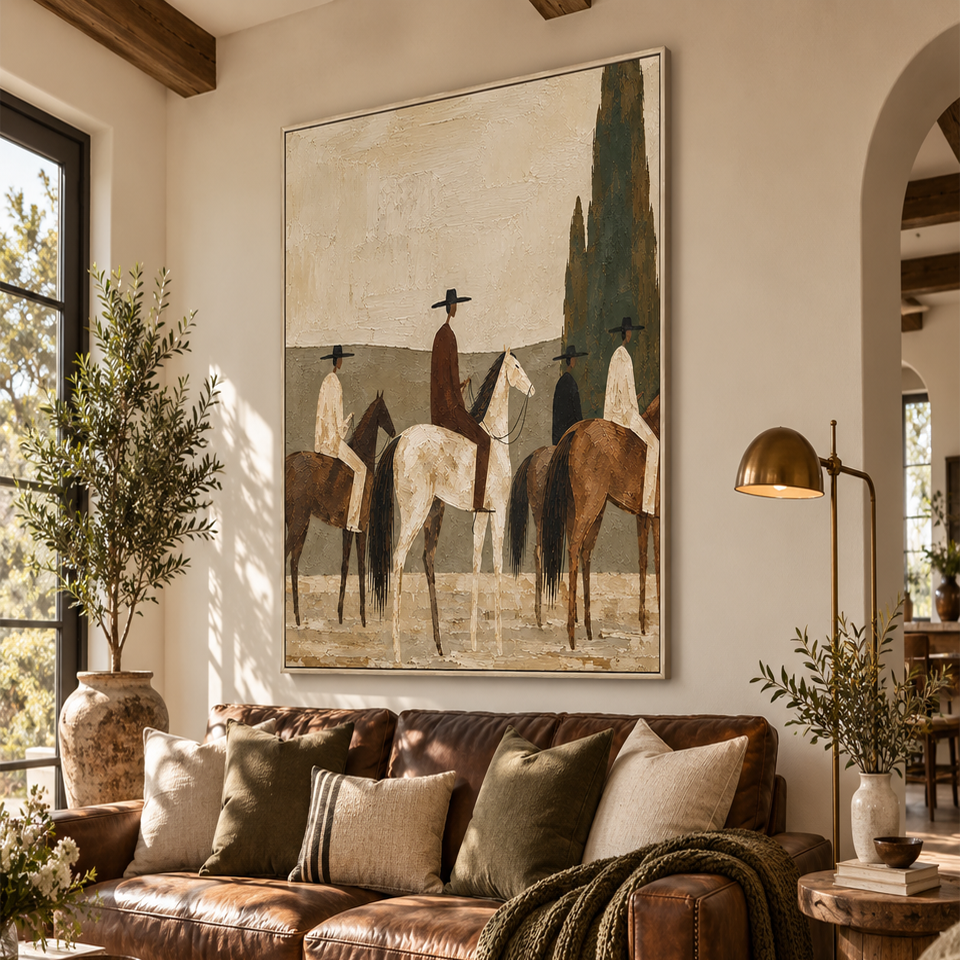 "Silent Pilgrimage" – Earth Tone Minimalist Horsemen Impasto Oil Painting