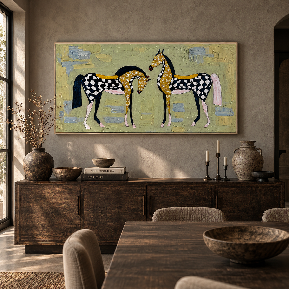 “Checkered Meadow Horses” – Whimsical Folk Horse Impasto Oil Painting
