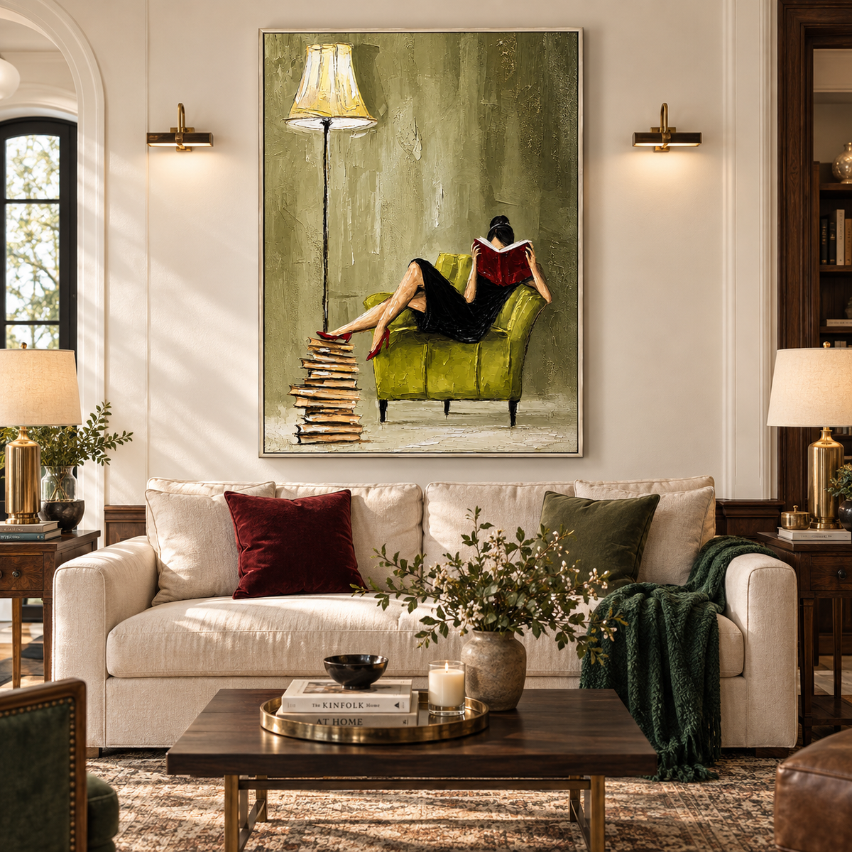 "Midnight Page" – Modern Reader Olive Green Armchair Impasto Oil Painting