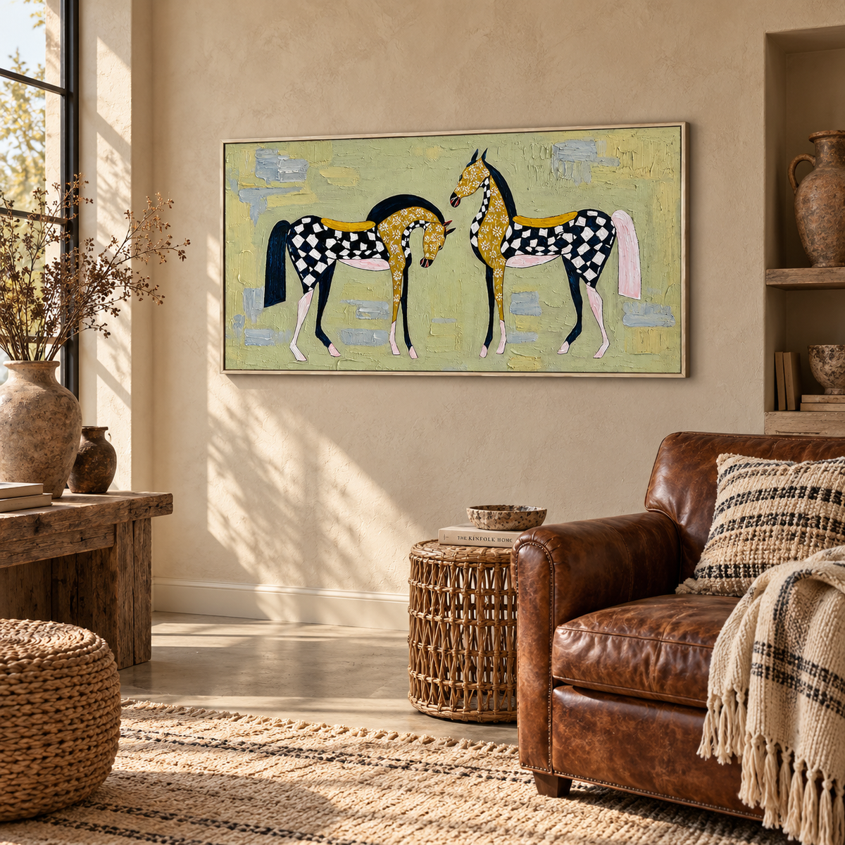 “Checkered Meadow Horses” – Whimsical Folk Horse Impasto Oil Painting