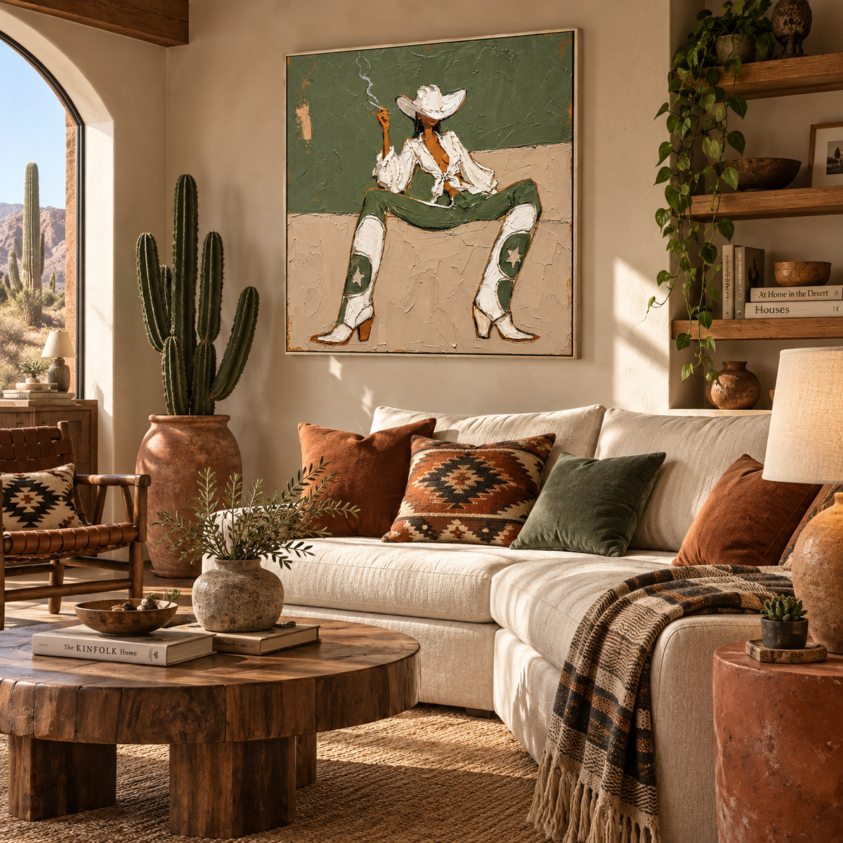 "Desert Rebel" – Sage Green & Beige Textured Cowgirl Impasto Oil Painting