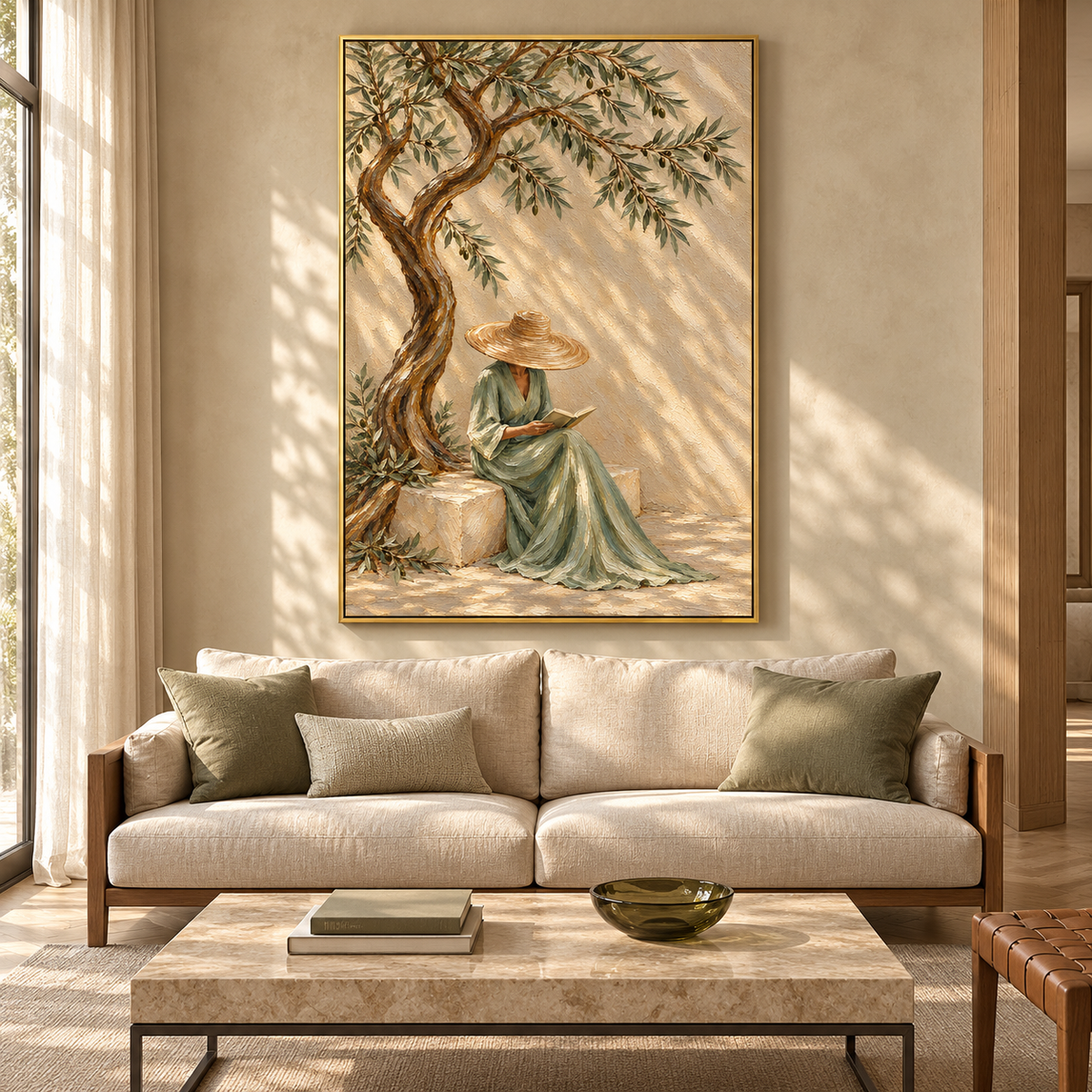 Serenade in Olive Shade" – Mediterranean Wabi-Sabi Sage Green Lady Reading Textured Acrylic Painting