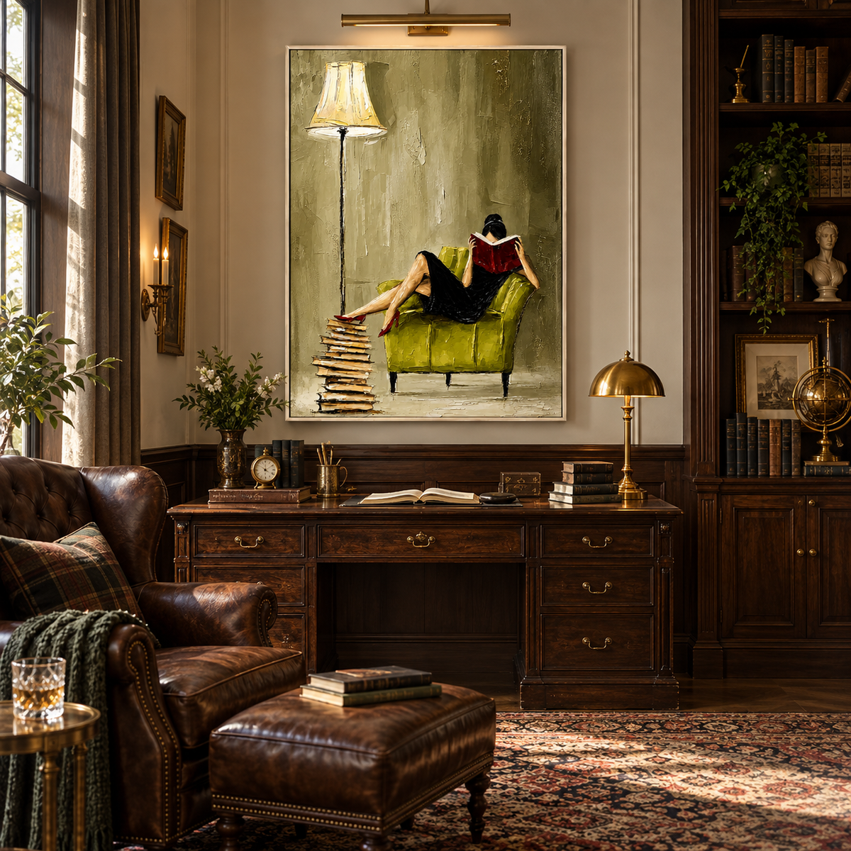 "Midnight Page" – Modern Reader Olive Green Armchair Impasto Oil Painting