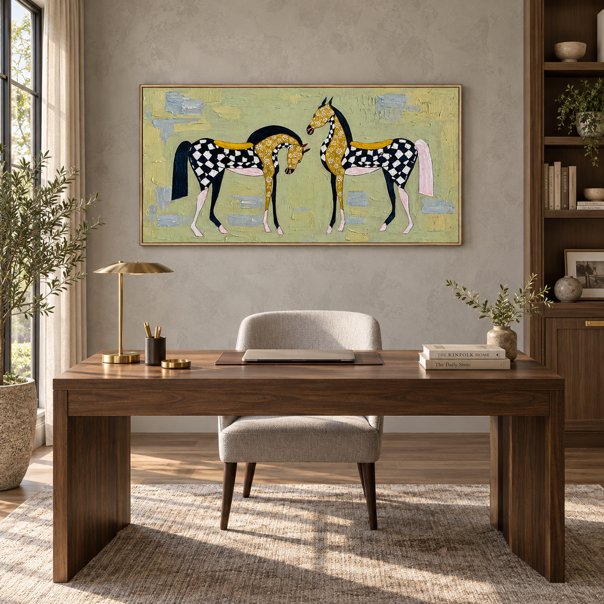 “Checkered Meadow Horses” – Whimsical Folk Horse Impasto Oil Painting