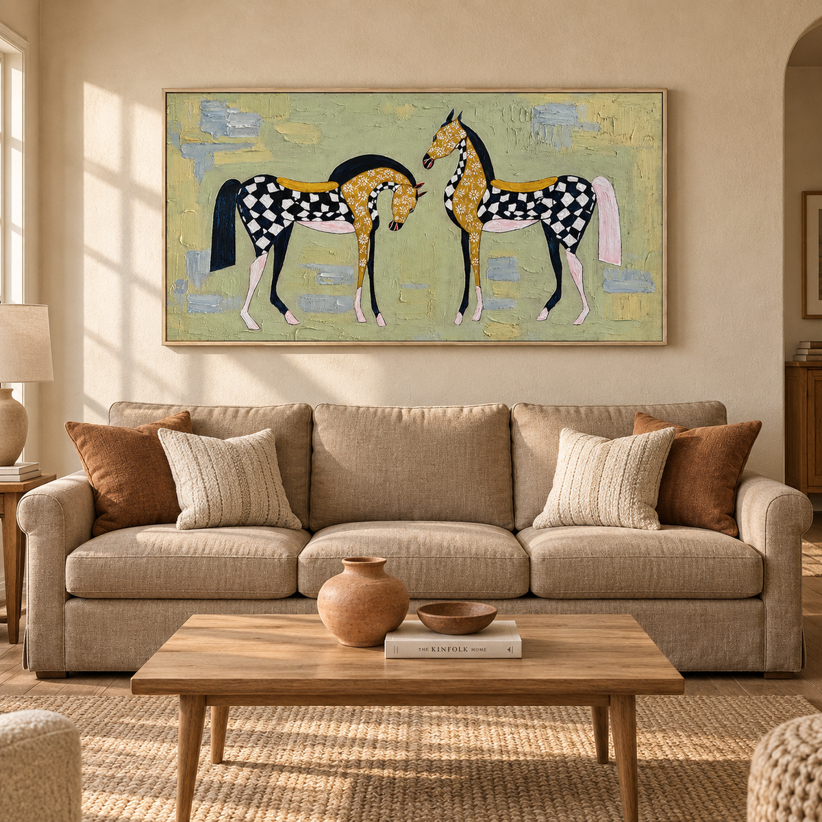 “Checkered Meadow Horses” – Whimsical Folk Horse Impasto Oil Painting
