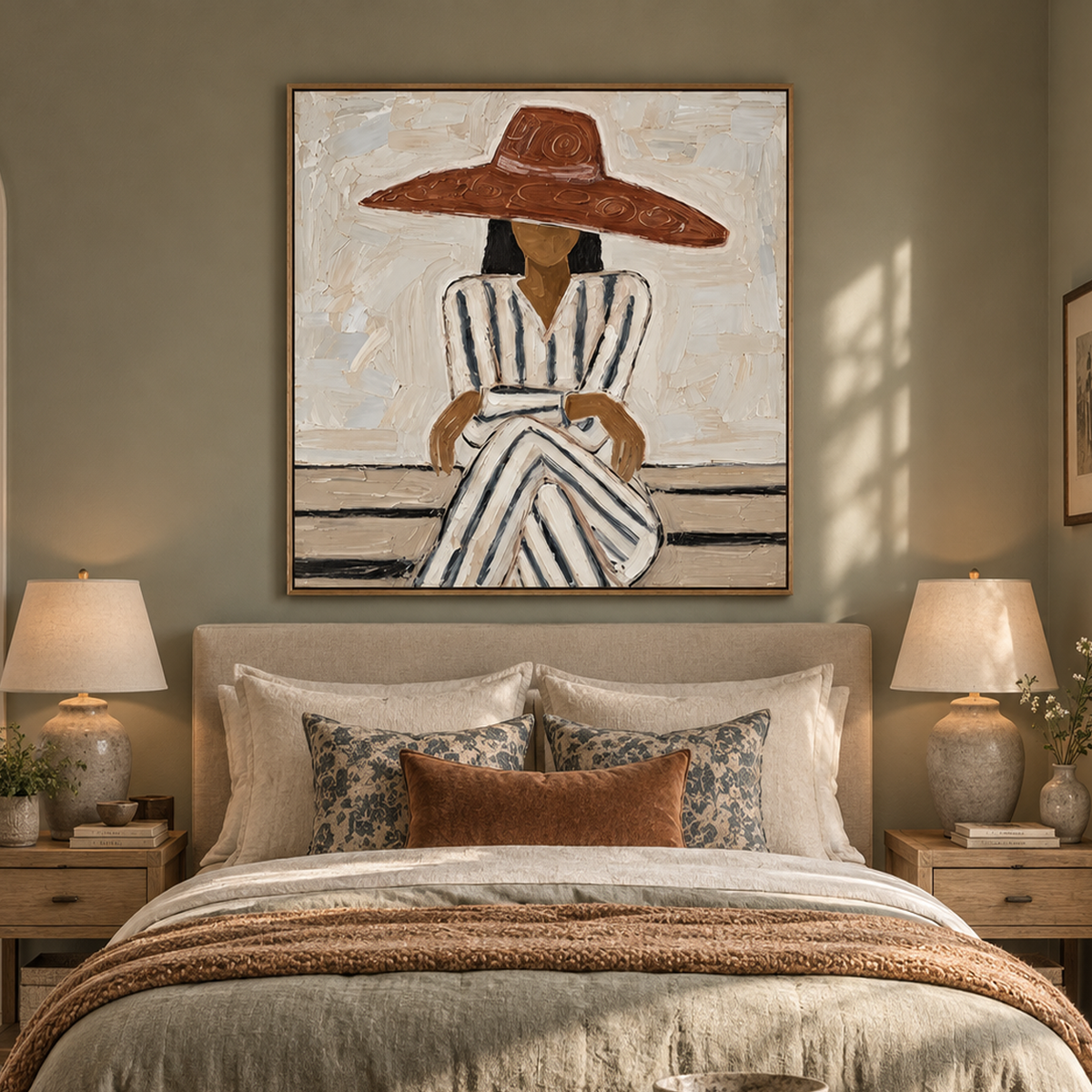 "Sienna Serenity" – Earth Tone Striped Lady Impasto Oil Painting