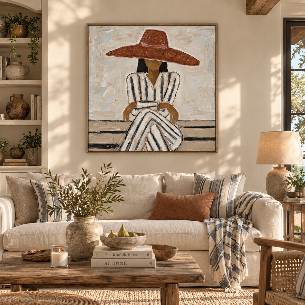 "Sienna Serenity" – Earth Tone Striped Lady Impasto Oil Painting