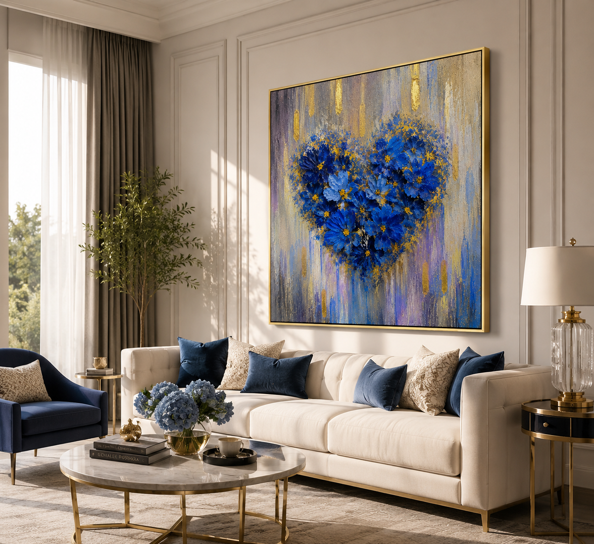 "Azure Affection" – Romantic Blue Floral Heart Impasto with Gold Foi