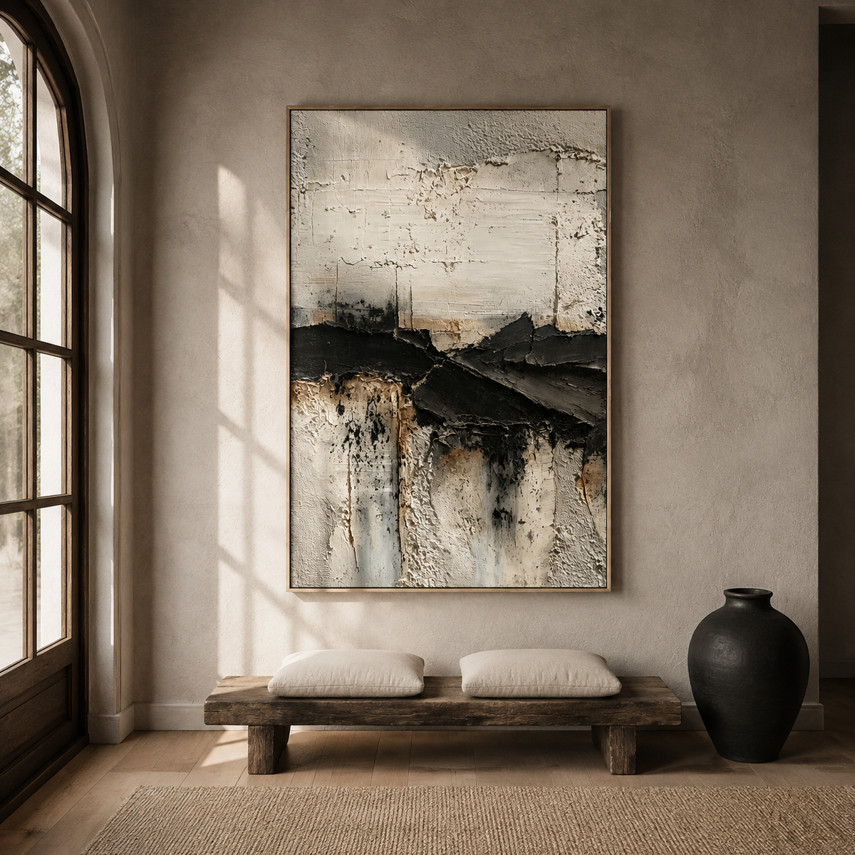 "Tectonic Rift" – Wabi-Sabi Textured Black and Cream Abstract Oil Painting
