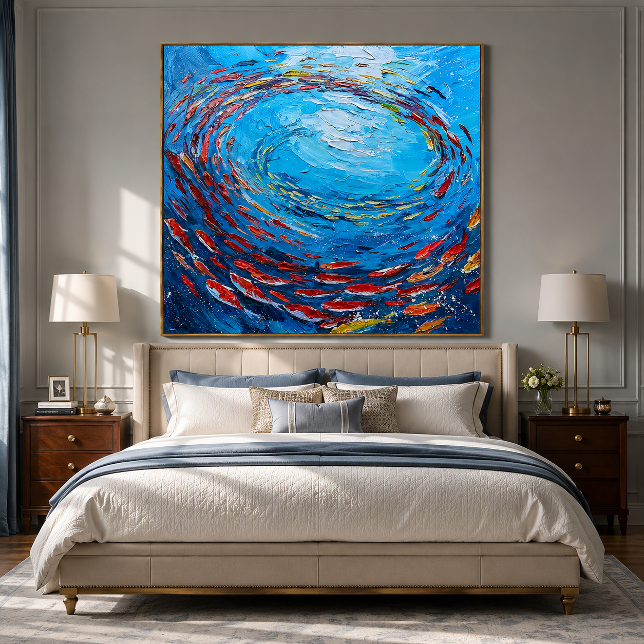"Circling Abundance" – Blue Fish School Textured Oil Painting
