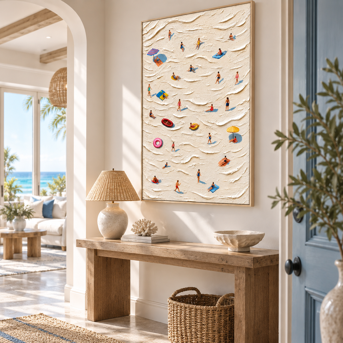 "Sunlit Drift" – Coastal Aerial Swimmer Textured Oil Painting