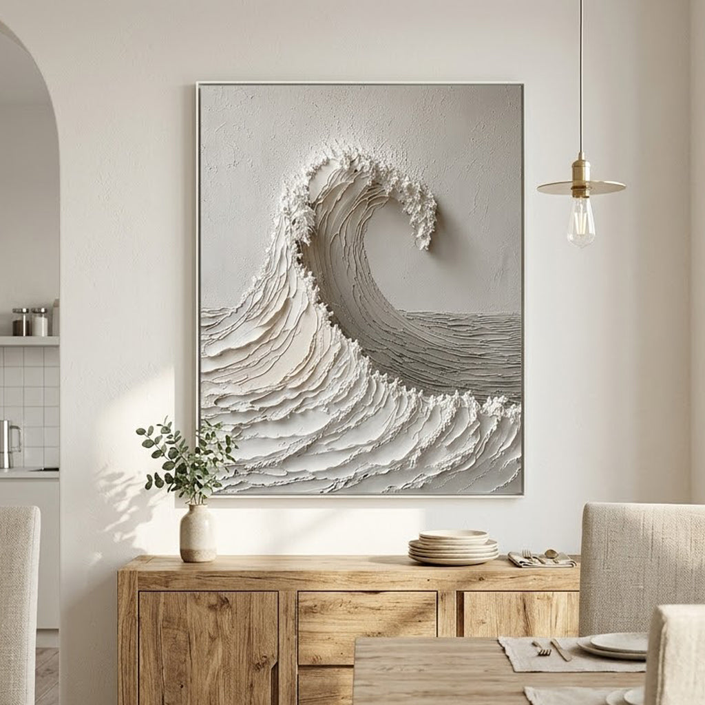"White Tide Stillness" – Wabi Sabi Wave Textured Oil Painting