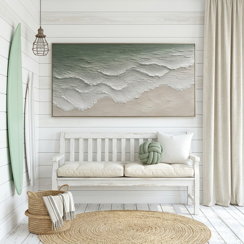 “Tidal Whisper” – Sage Green Coastal Wave Impasto Oil Painting