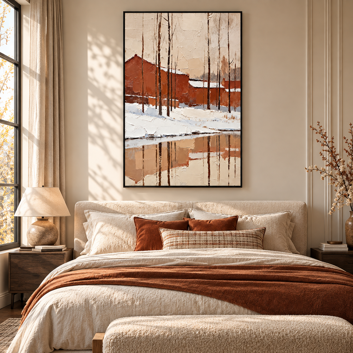"Red Pottery Glacier" – Rustic Terracotta Village Winter Textured Palette Knife Painting