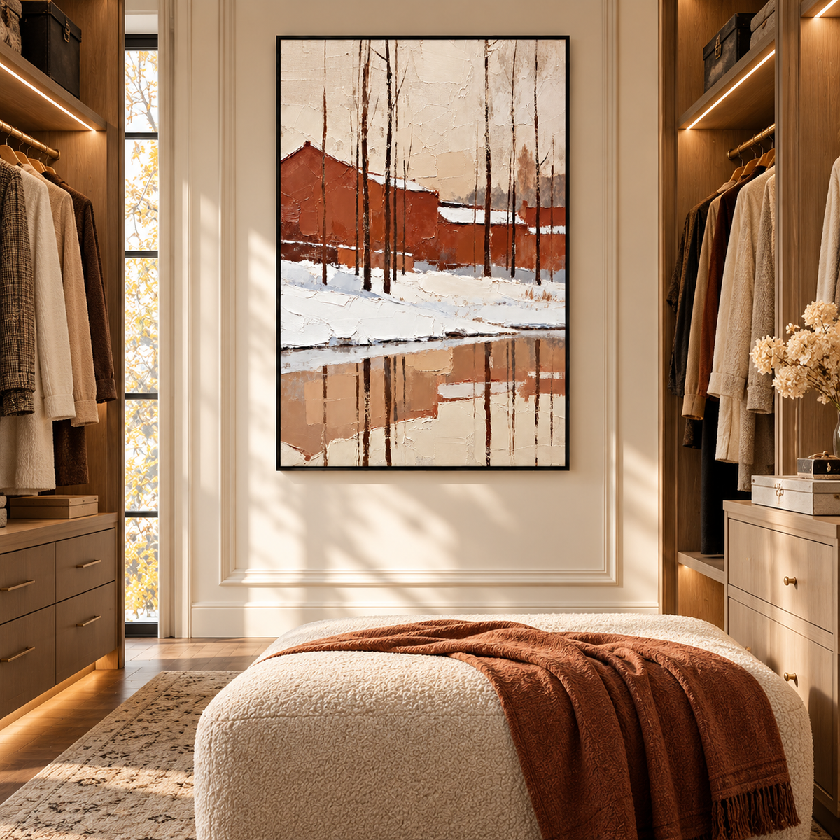 "Red Pottery Glacier" – Rustic Terracotta Village Winter Textured Palette Knife Painting