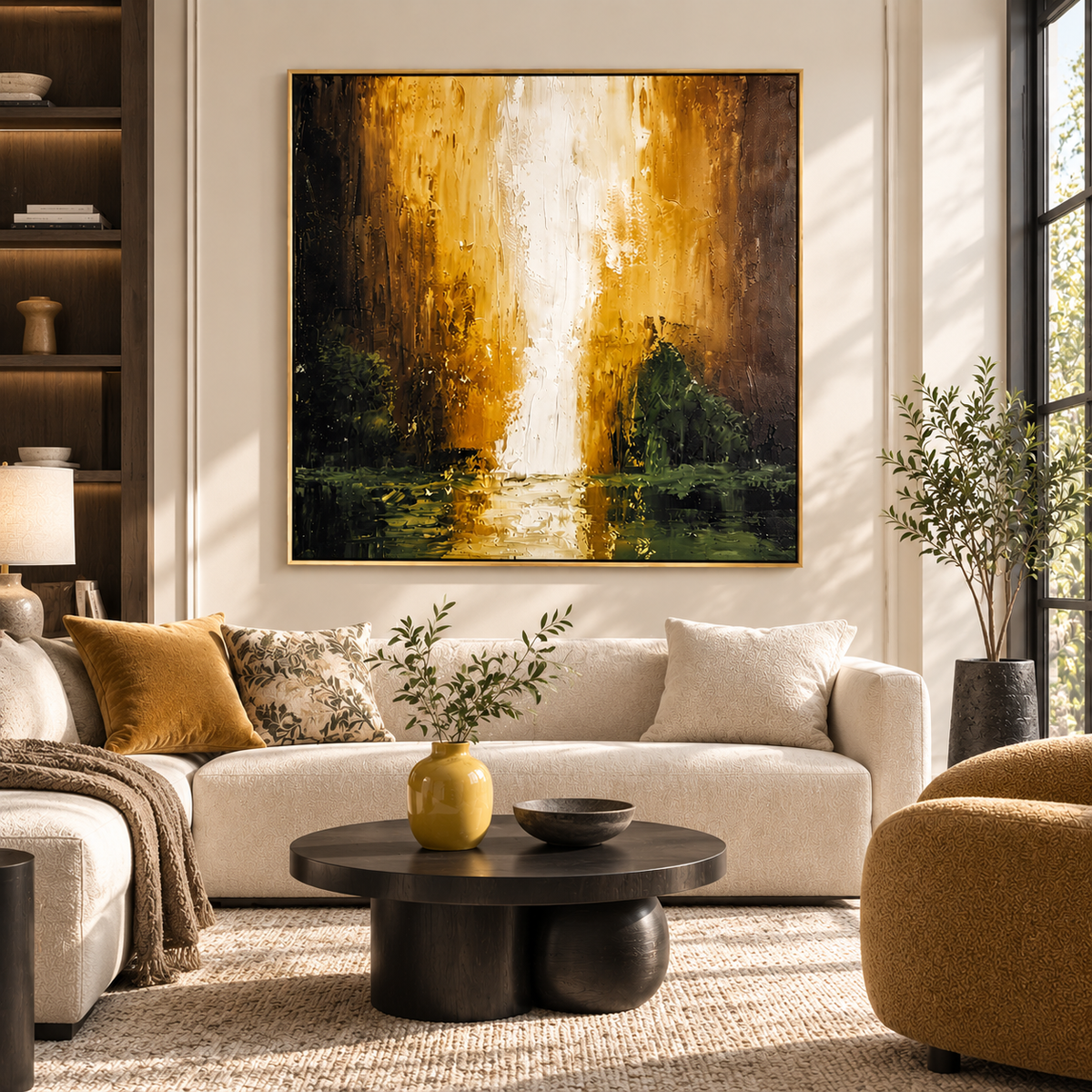 "Luminous Cascade" – Modern Impasto Gold Waterfall Abstract Acrylic Painting