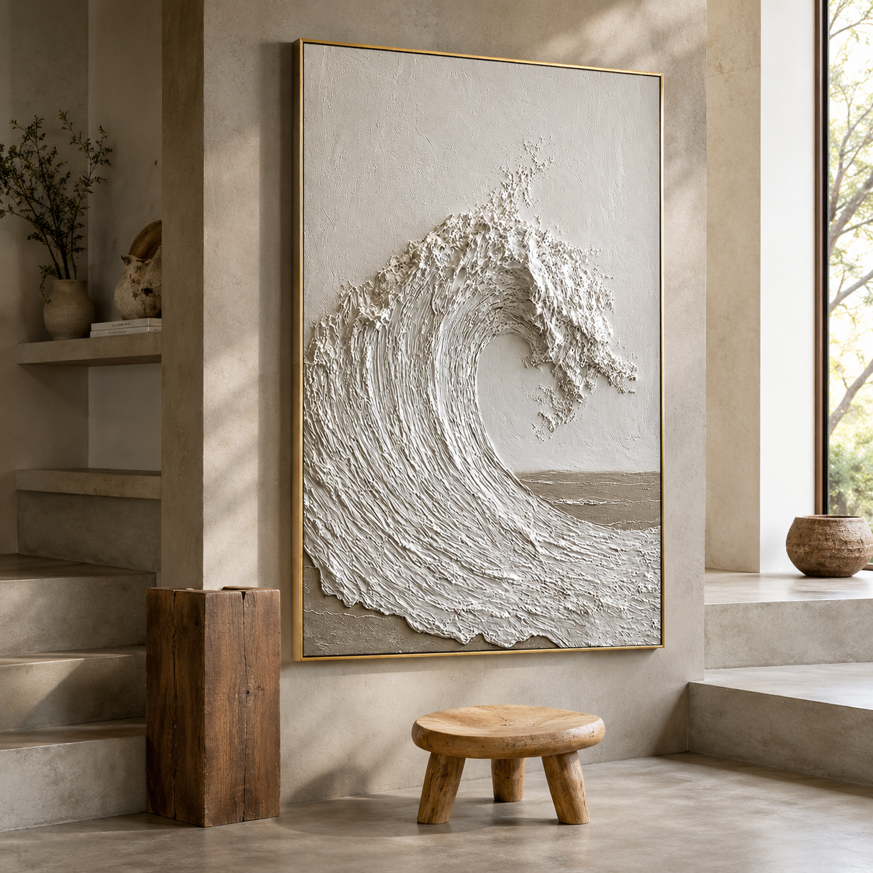 "Silent Crest" – Wabi Sabi White Wave Textured Painting