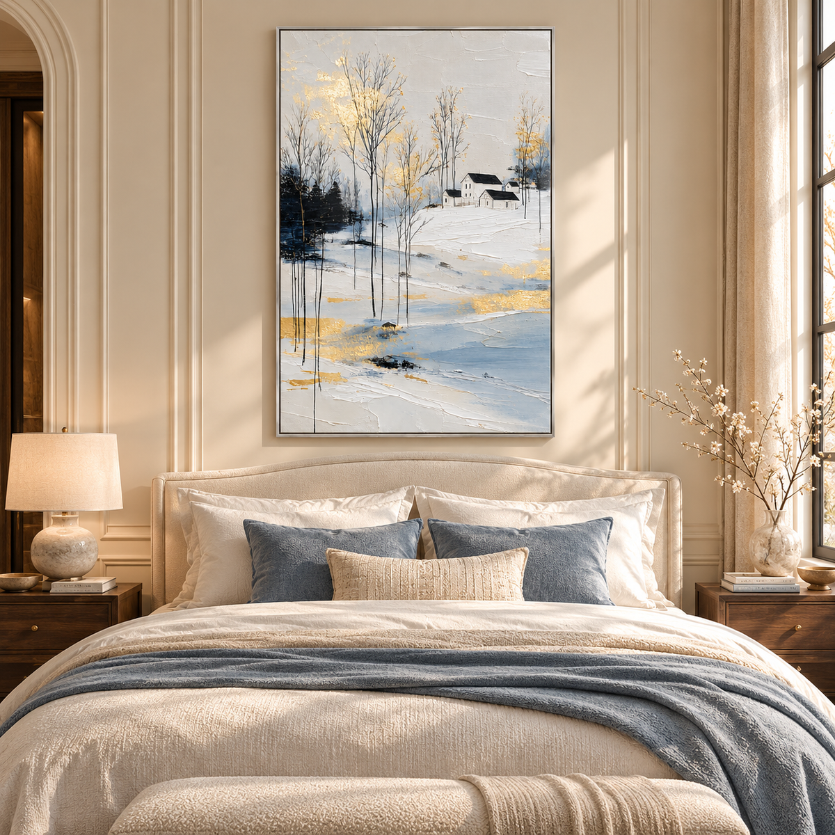 "Silent Snow" – Modern Gold Leaf Winter Village Textured Acrylic Painting