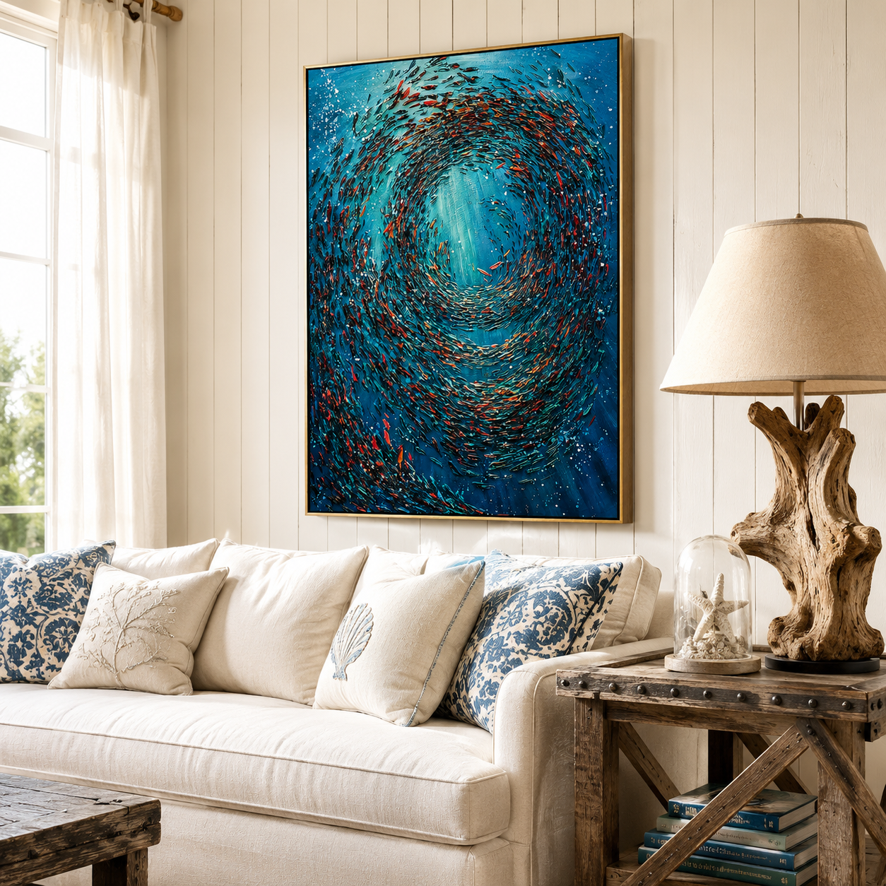 "Ocean Vortex" – Blue Abstract Fish School Textured Oil Painting