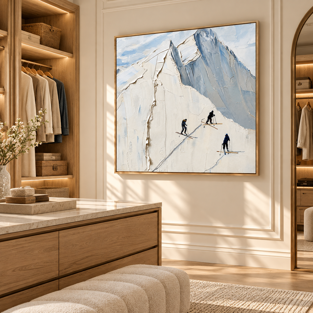 "Alpine Silence" – Minimalist Textured Mountain Skiing Impasto Canvas Oil Painting