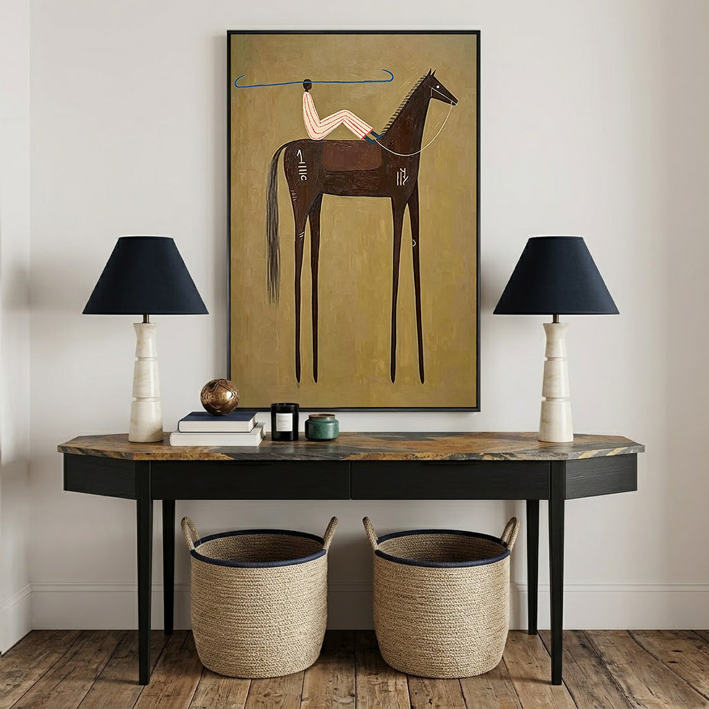 “Nomad’s Blue Line” – Minimalist Western Brown Horse Folk Art Oil Painting