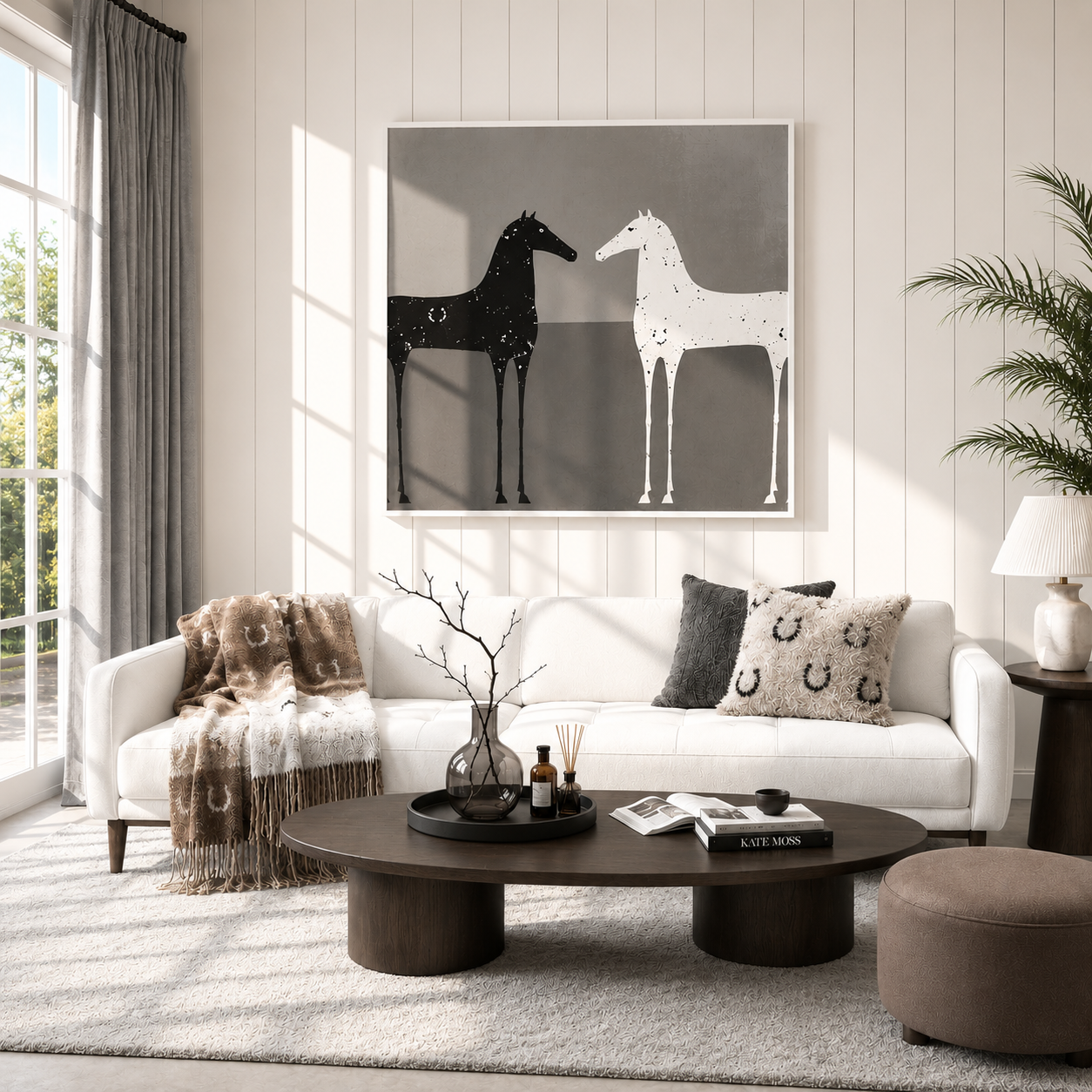 “Silent Encounter” – Minimalist Black and White Horse Oil Painting
