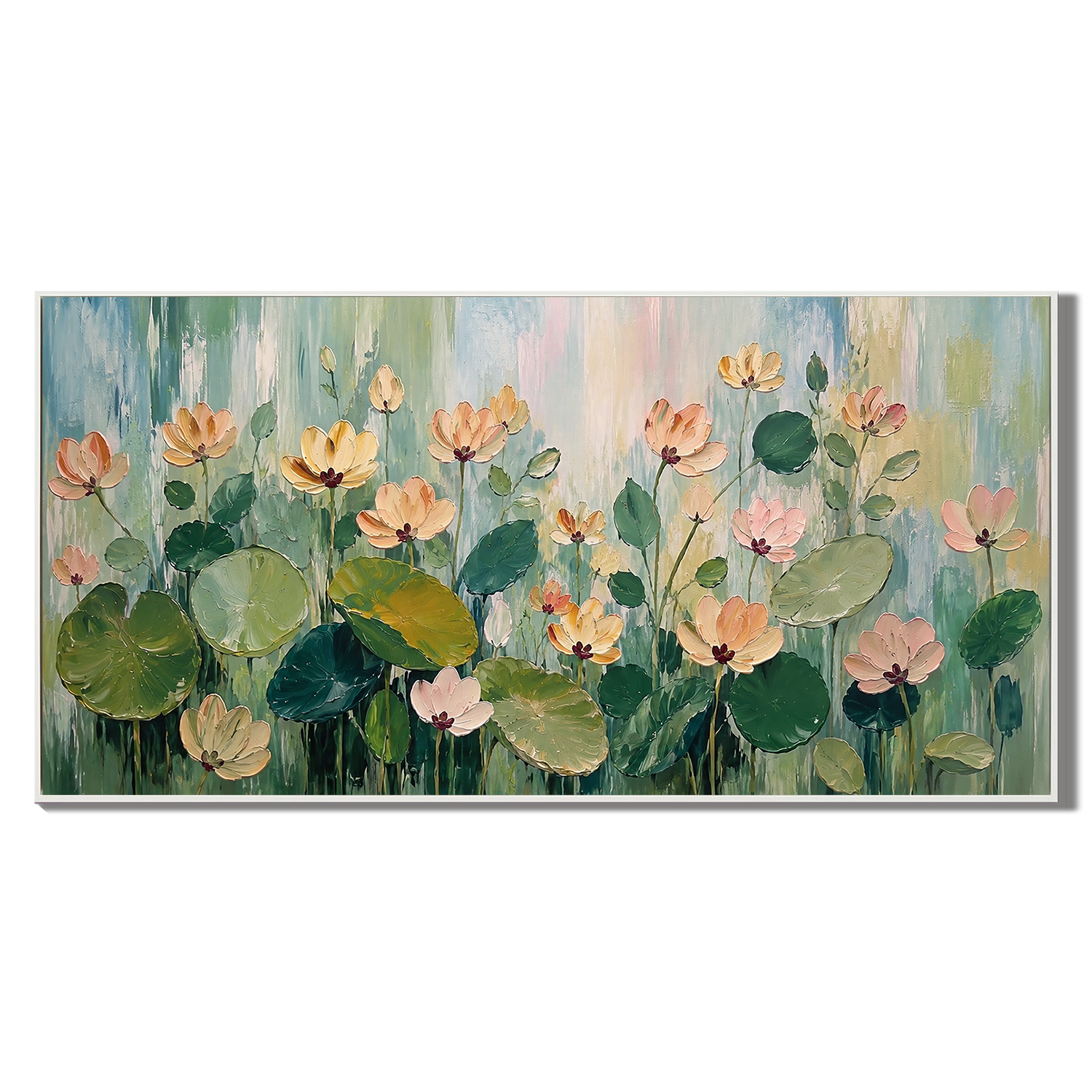 “Lotus Garden Serenade” – Soft Green Floral Impasto Oil Painting