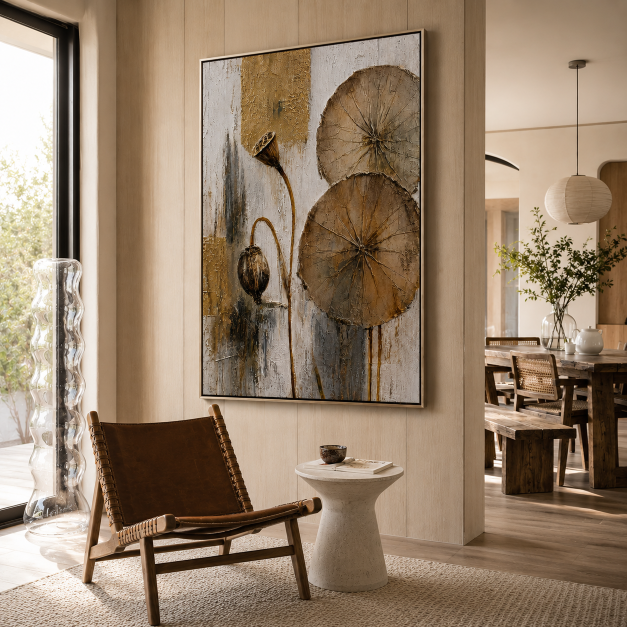 "Lotus Remains" – Zen Gold Lotus Textured Abstract Painting