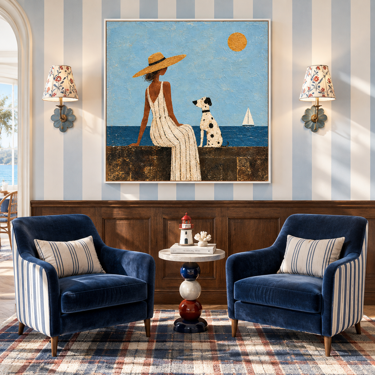 "Seaside Companionship" – Mediterranean Retro Coastal Lady and Dog Textured Oil Painting