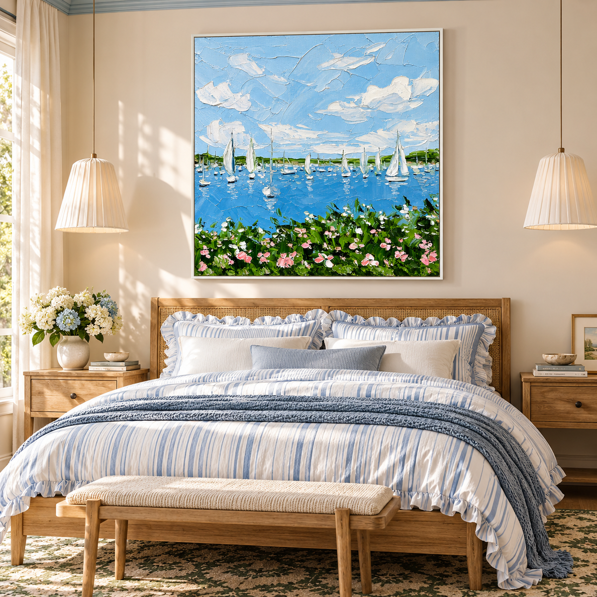 "Azure Harbor Breezes" – Coastal Sailboat Ocean Textured Impasto Oil Painting