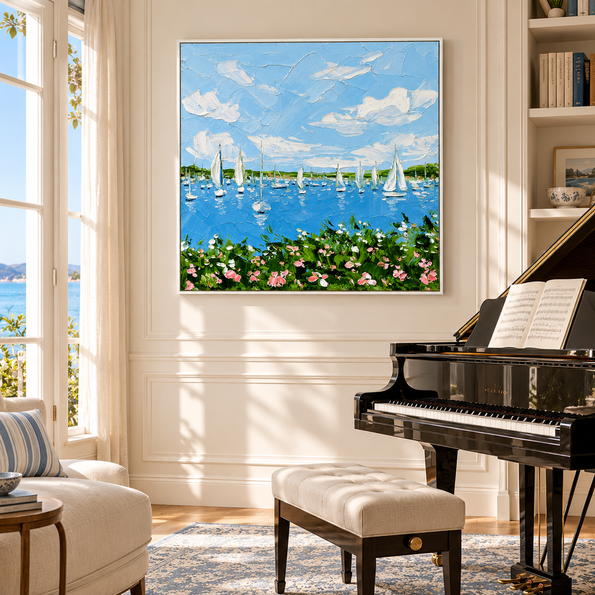 "Azure Harbor Breezes" – Coastal Sailboat Ocean Textured Impasto Oil Painting