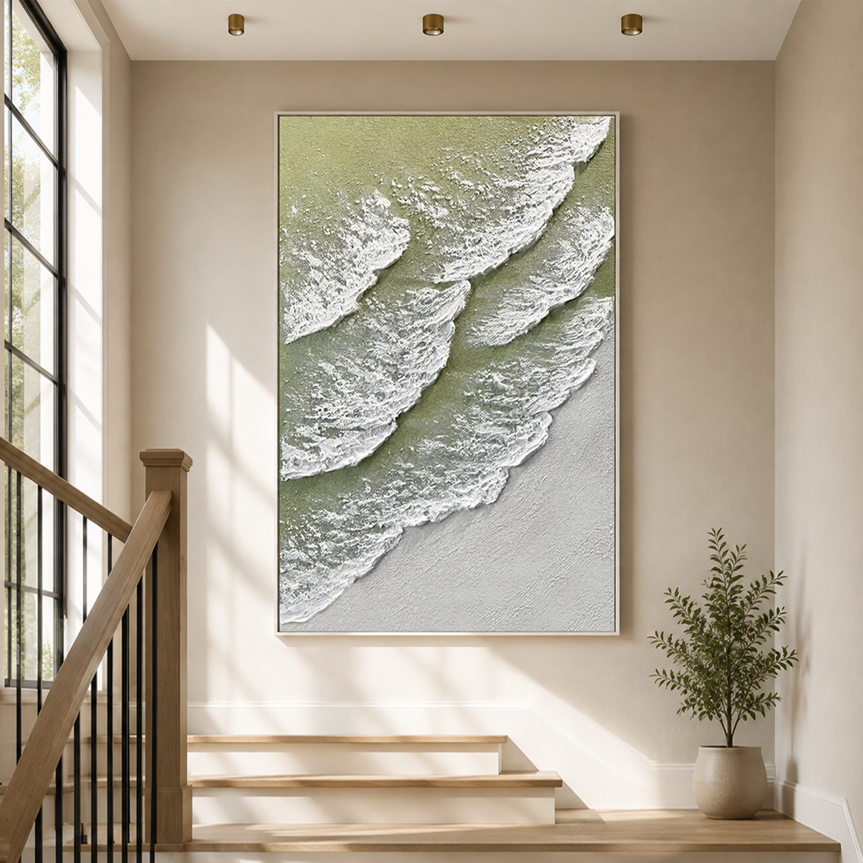 "Romantic Tides"—A Minimalist Coastal Acrylic Painting with Sage Green Textured Waves
