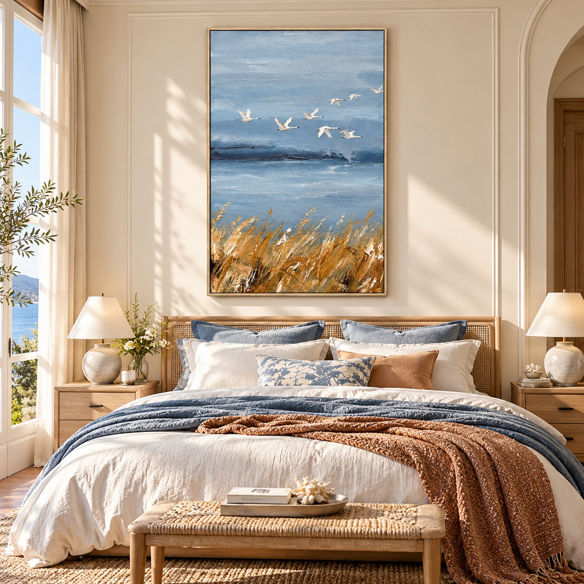 "Wings of Autumn" – Coastal Wild Swans Blue & Gold Textured Acrylic Painting